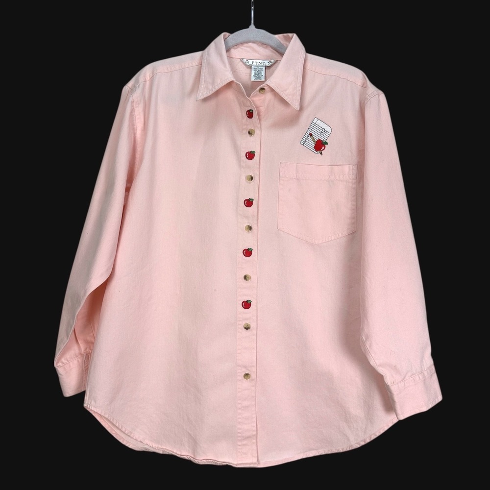 PTNY Pink Cotton Teacher Shirt Embroidered Apples Notebook A+ Vintage Large - Picture 2 of 7